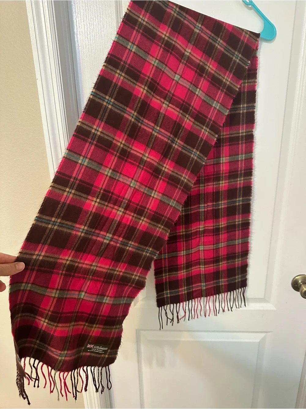 Unisex 100% Cashmere Scarf Made in Scotland Pink Brown Plaid Tartan Fringe
